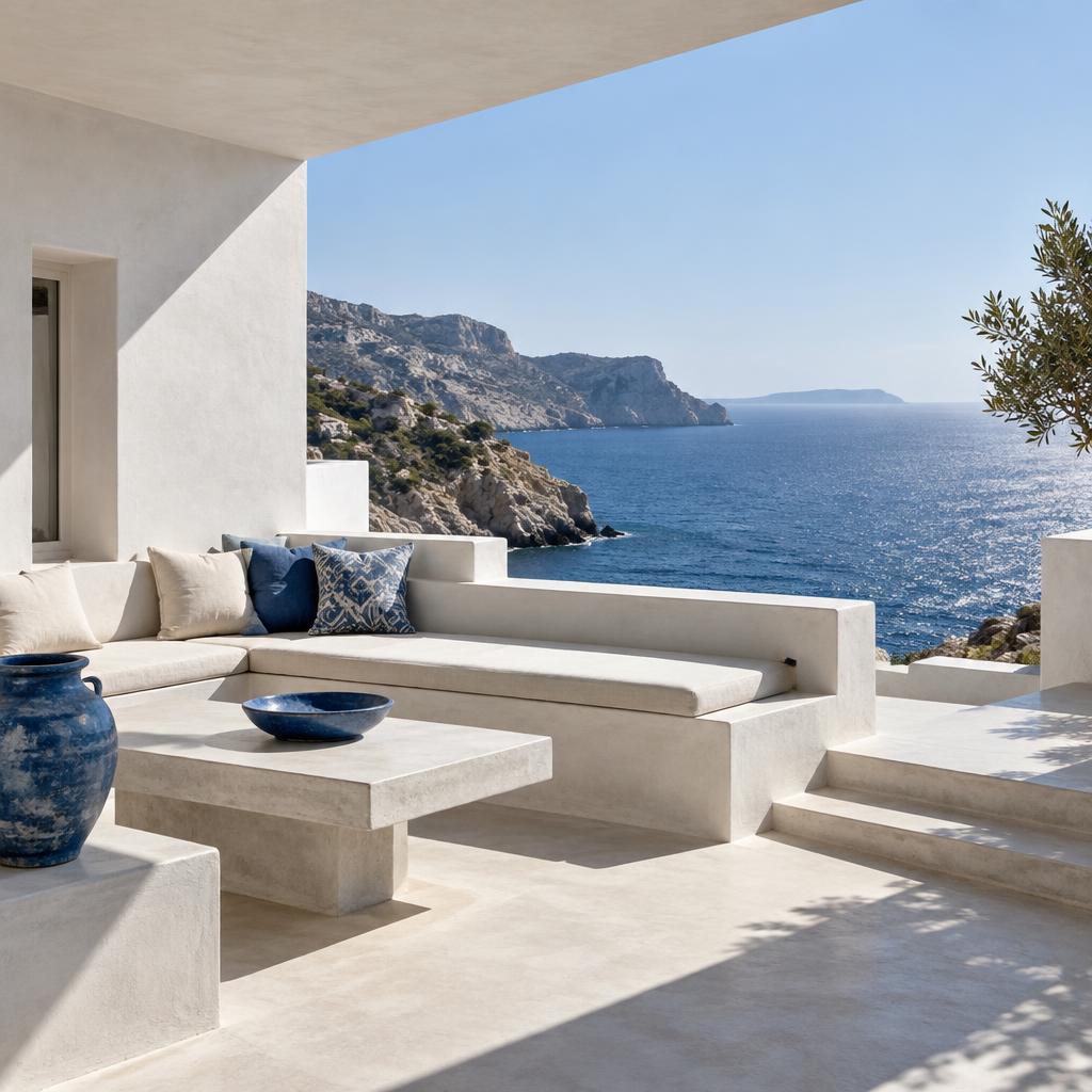 Terrasse minérale ouverte sur la mer